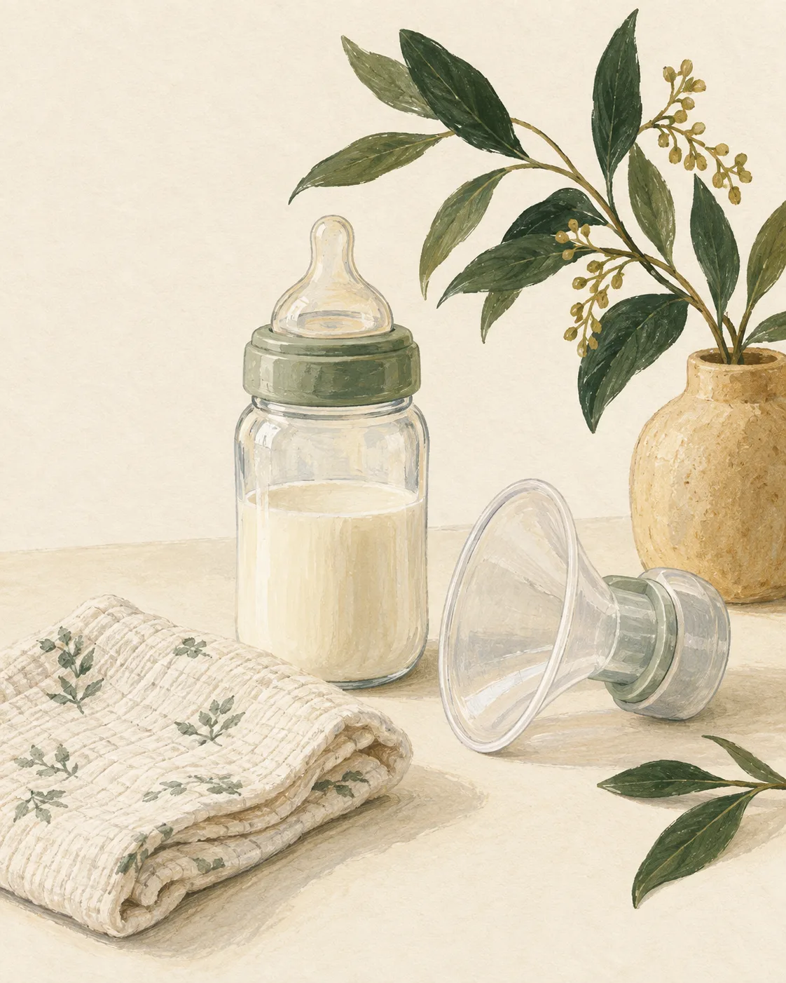 Illustration of a baby bottle, pump flange, cloth, and leaves
